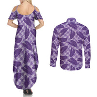 Purple Hawaii Kalo Palaka Motifs Couples Matching Summer Maxi Dress and Long Sleeve Button Shirt Hawaiian Taro Leaves Elegant Vibes - Polynesian Pride