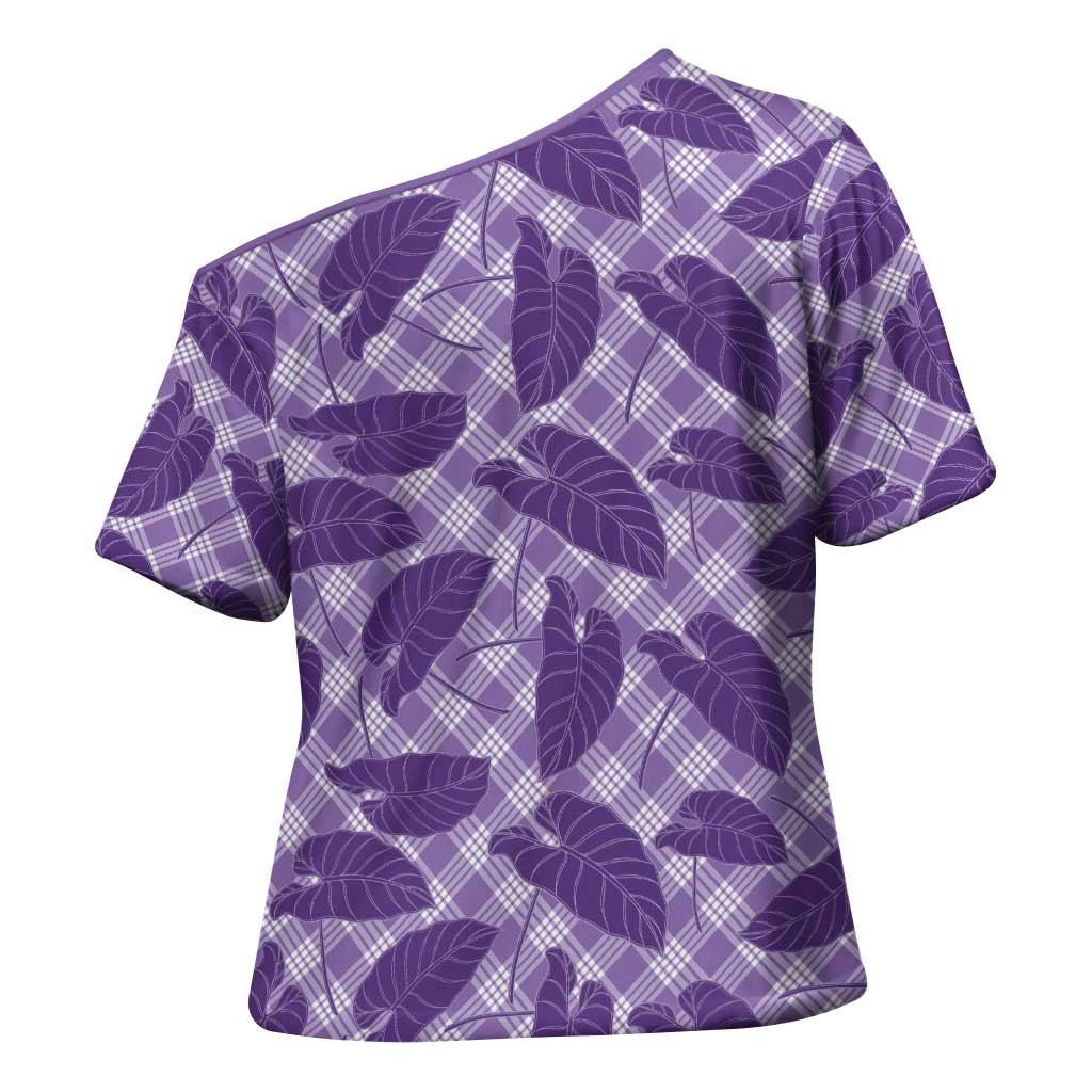 Purple Hawaii Kalo Palaka Motifs Cross Shoulder Shirt Hawaiian Taro Leaves Elegant Vibes - Polynesian Pride