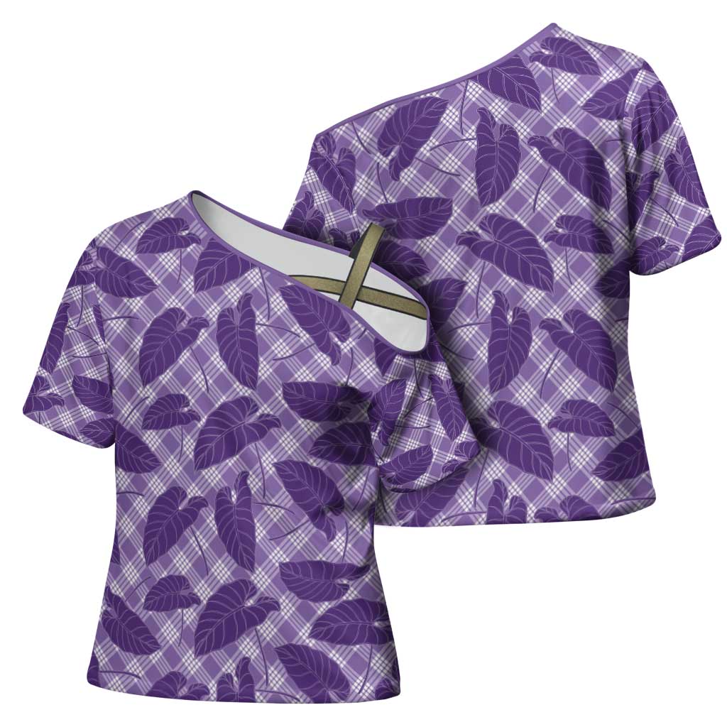 Purple Hawaii Kalo Palaka Motifs Cross Shoulder Shirt Hawaiian Taro Leaves Elegant Vibes - Polynesian Pride