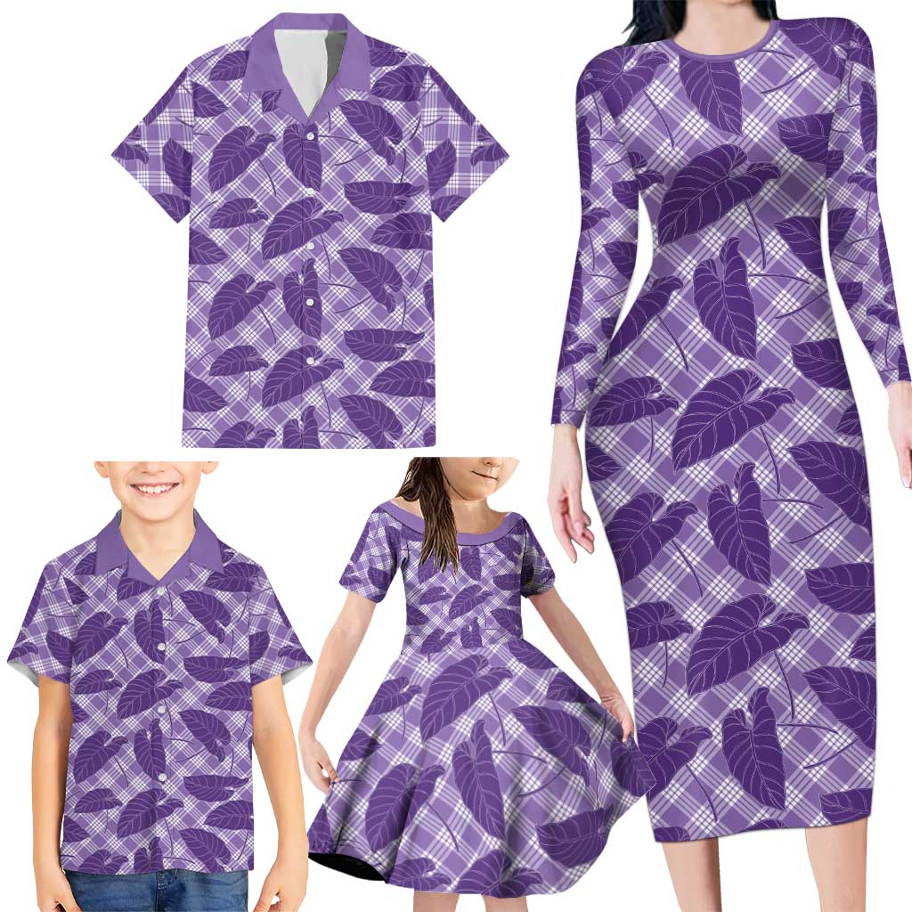 Purple Hawaii Kalo Palaka Motifs Family Matching Long Sleeve Bodycon Dress and Hawaiian Shirt Hawaiian Taro Leaves Elegant Vibes - Polynesian Pride