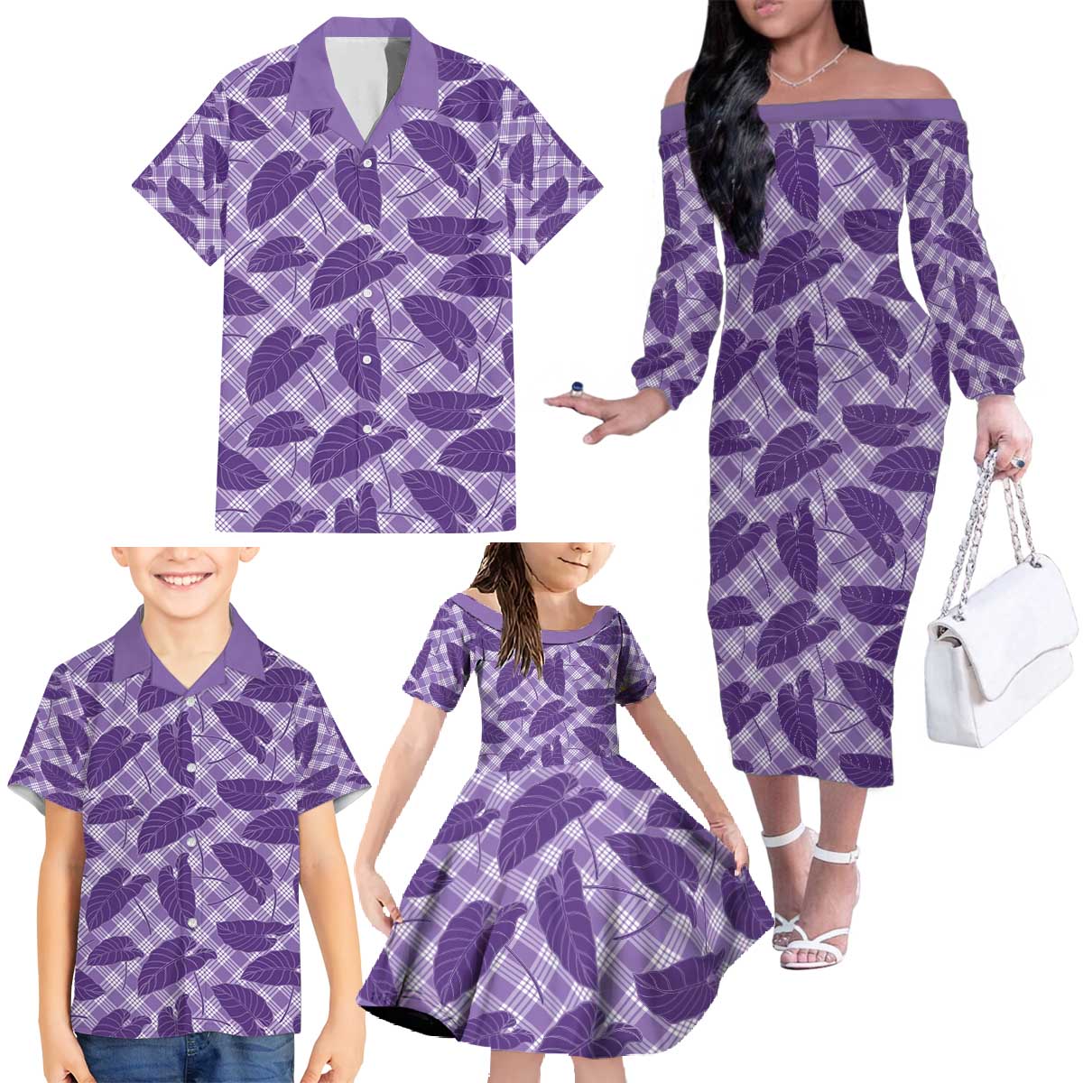 Purple Hawaii Kalo Palaka Motifs Family Matching Off The Shoulder Long Sleeve Dress and Hawaiian Shirt Hawaiian Taro Leaves Elegant Vibes - Polynesian Pride
