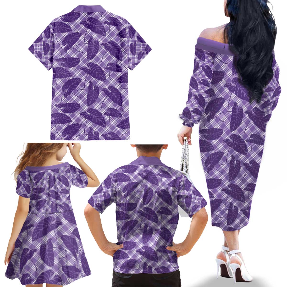 Purple Hawaii Kalo Palaka Motifs Family Matching Off The Shoulder Long Sleeve Dress and Hawaiian Shirt Hawaiian Taro Leaves Elegant Vibes - Polynesian Pride
