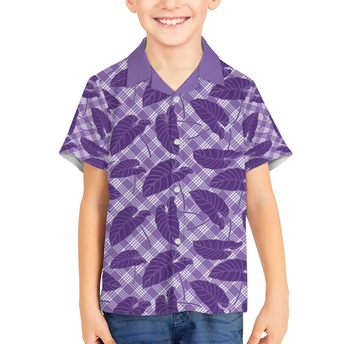 Purple Hawaii Kalo Palaka Motifs Family Matching Off The Shoulder Long Sleeve Dress and Hawaiian Shirt Hawaiian Taro Leaves Elegant Vibes - Polynesian Pride