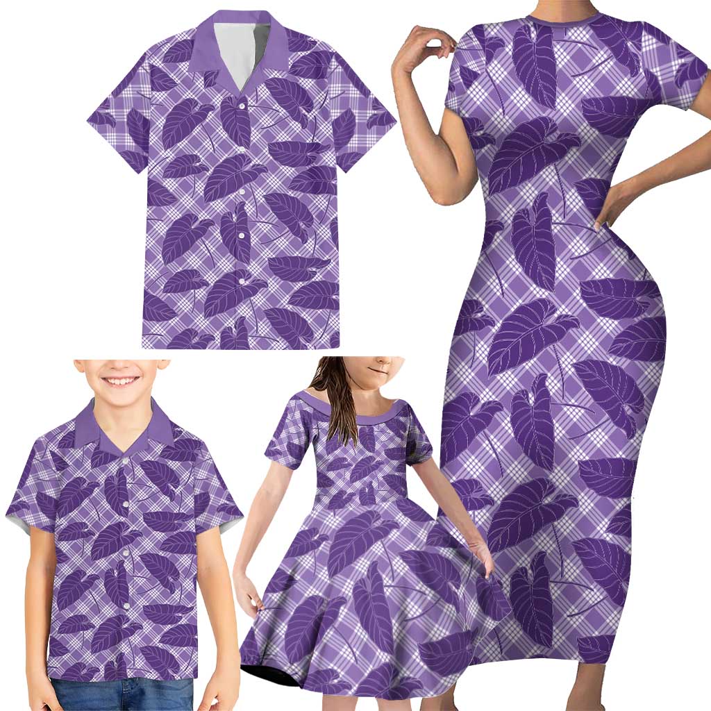 Purple Hawaii Kalo Palaka Motifs Family Matching Short Sleeve Bodycon Dress and Hawaiian Shirt Hawaiian Taro Leaves Elegant Vibes - Polynesian Pride