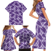 Purple Hawaii Kalo Palaka Motifs Family Matching Short Sleeve Bodycon Dress and Hawaiian Shirt Hawaiian Taro Leaves Elegant Vibes - Polynesian Pride