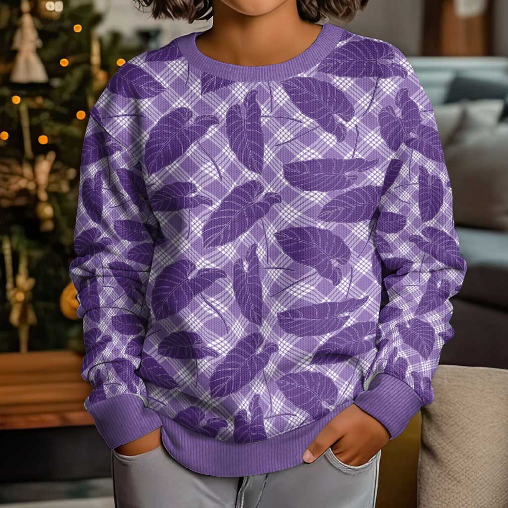 Purple Hawaii Kalo Palaka Motifs Kid Ugly Christmas Sweater Hawaiian Taro Leaves Elegant Vibes - Polynesian Pride