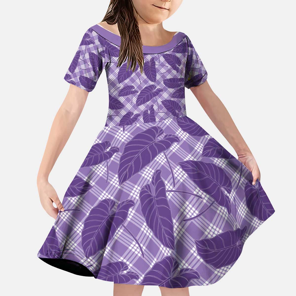 Purple Hawaii Kalo Palaka Motifs Kid Short Sleeve Dress Hawaiian Taro Leaves Elegant Vibes - Polynesian Pride