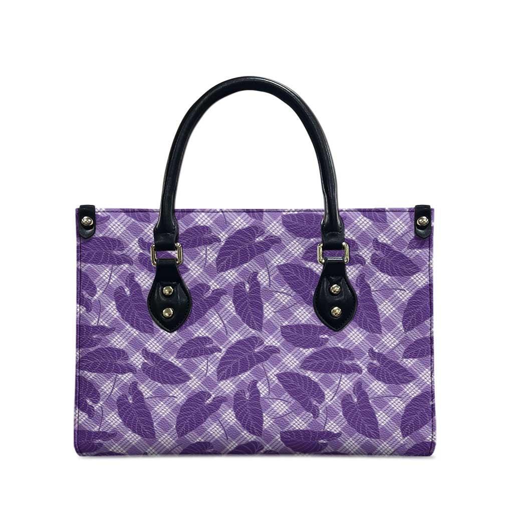 Purple Hawaii Kalo Palaka Motifs Leather Bag Hawaiian Taro Leaves Elegant Vibes - Polynesian Pride