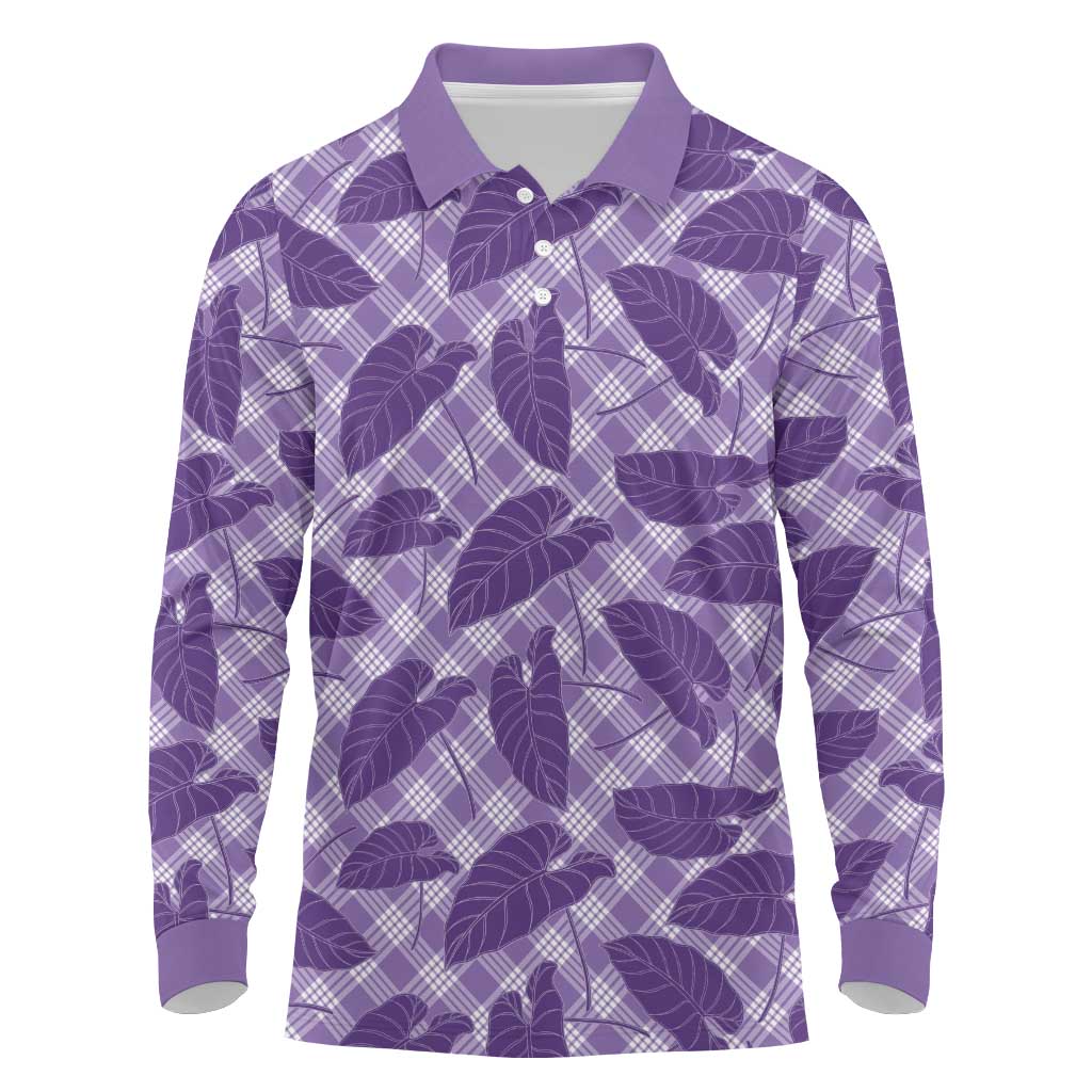 Purple Hawaii Kalo Palaka Motifs Long Sleeve Polo Shirt Hawaiian Taro Leaves Elegant Vibes - Polynesian Pride