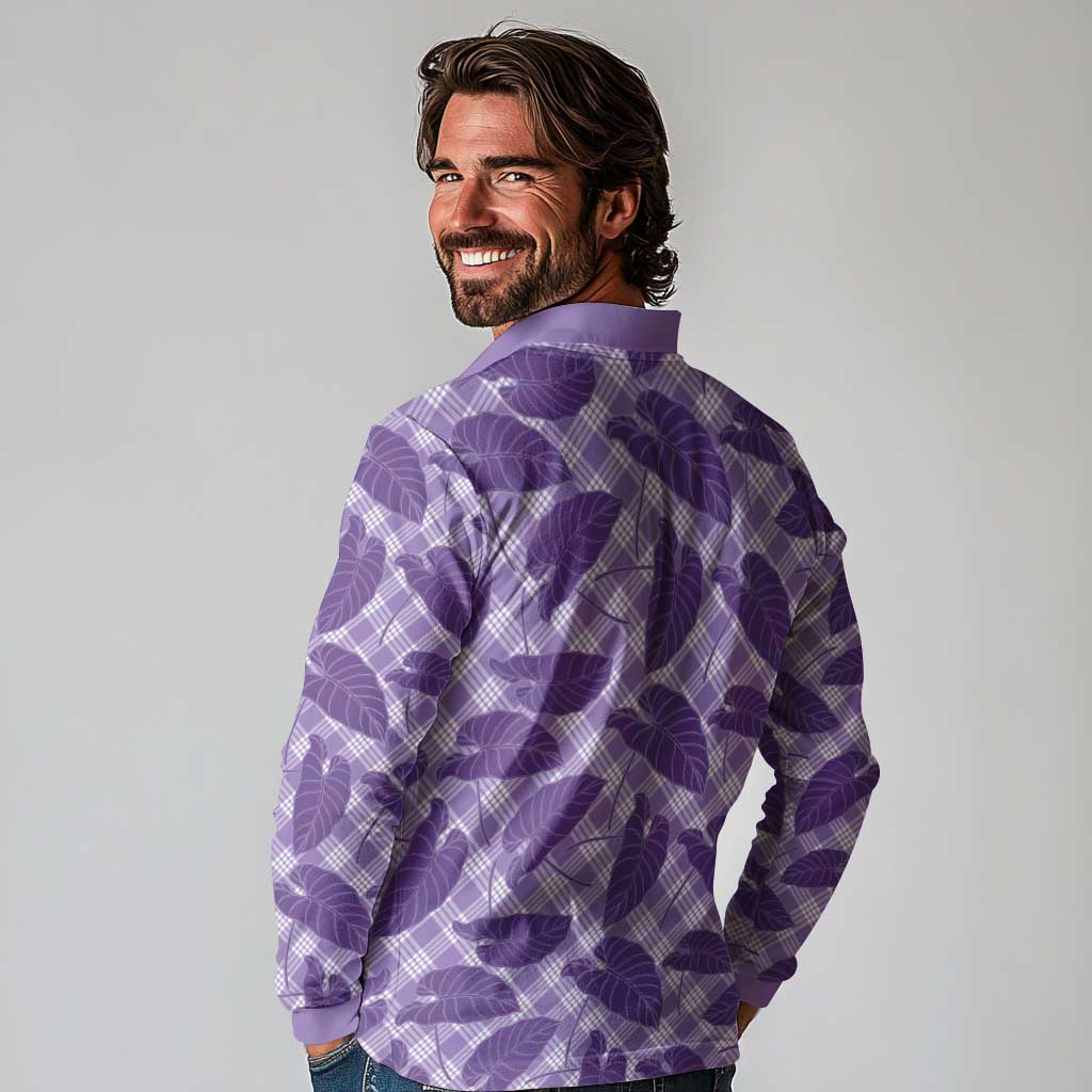 Purple Hawaii Kalo Palaka Motifs Long Sleeve Polo Shirt Hawaiian Taro Leaves Elegant Vibes - Polynesian Pride