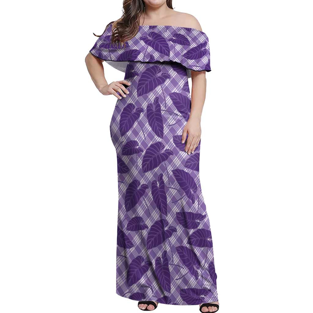 Purple Hawaii Kalo Palaka Motifs Off Shoulder Maxi Dress Hawaiian Taro Leaves Elegant Vibes - Polynesian Pride
