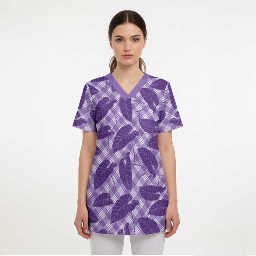 Purple Hawaii Kalo Palaka Motifs Scrub Top Hawaiian Taro Leaves Elegant Vibes - Polynesian Pride