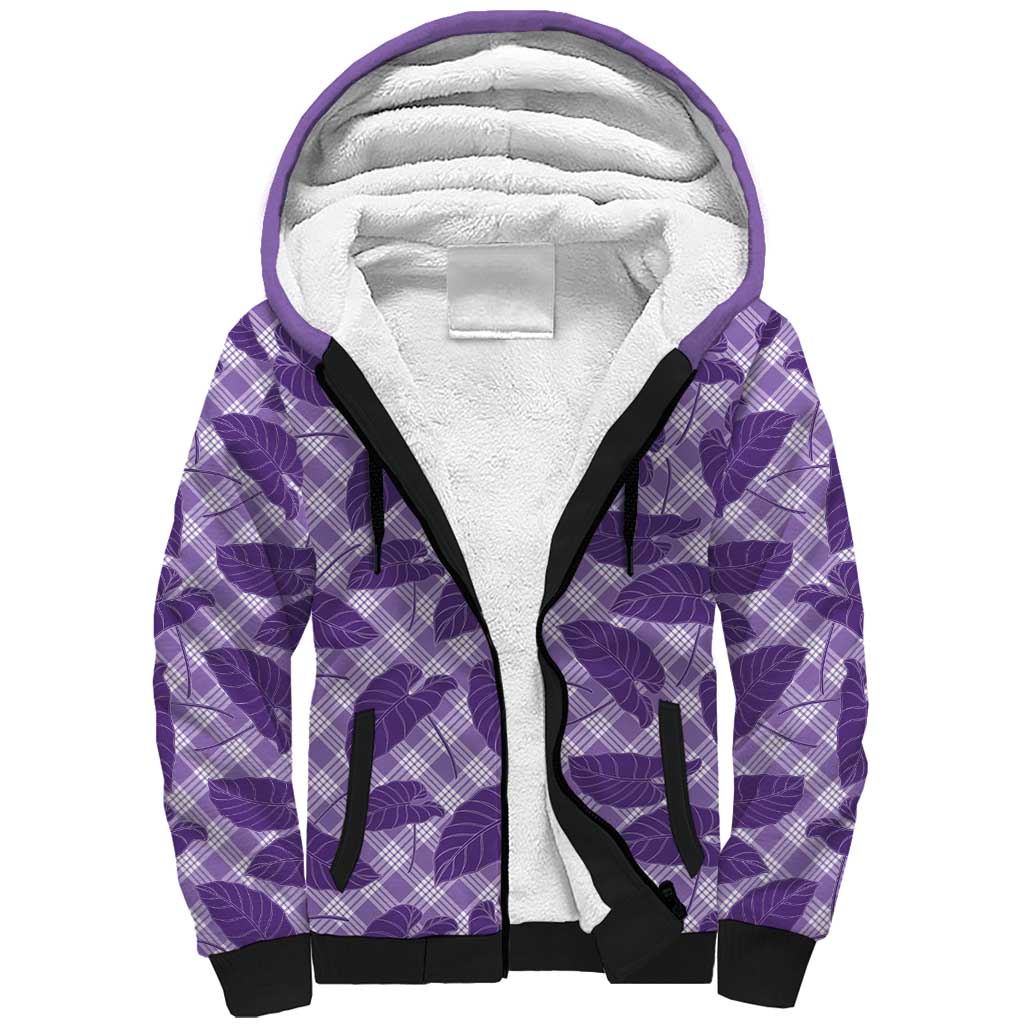 Purple Hawaii Kalo Palaka Motifs Sherpa Hoodie Hawaiian Taro Leaves Elegant Vibes - Polynesian Pride