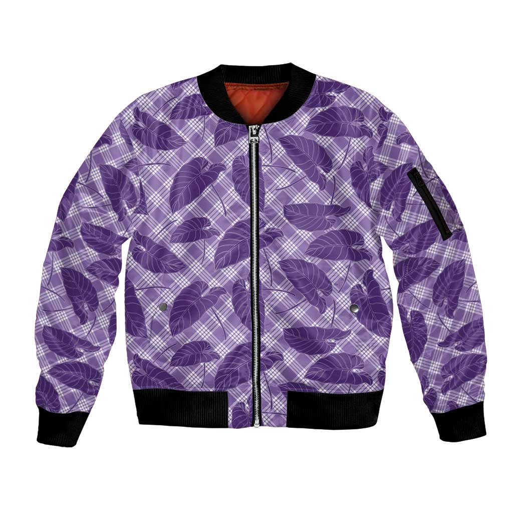 Purple Hawaii Kalo Palaka Motifs Sleeve Zip Bomber Jacket Hawaiian Taro Leaves Elegant Vibes - Polynesian Pride