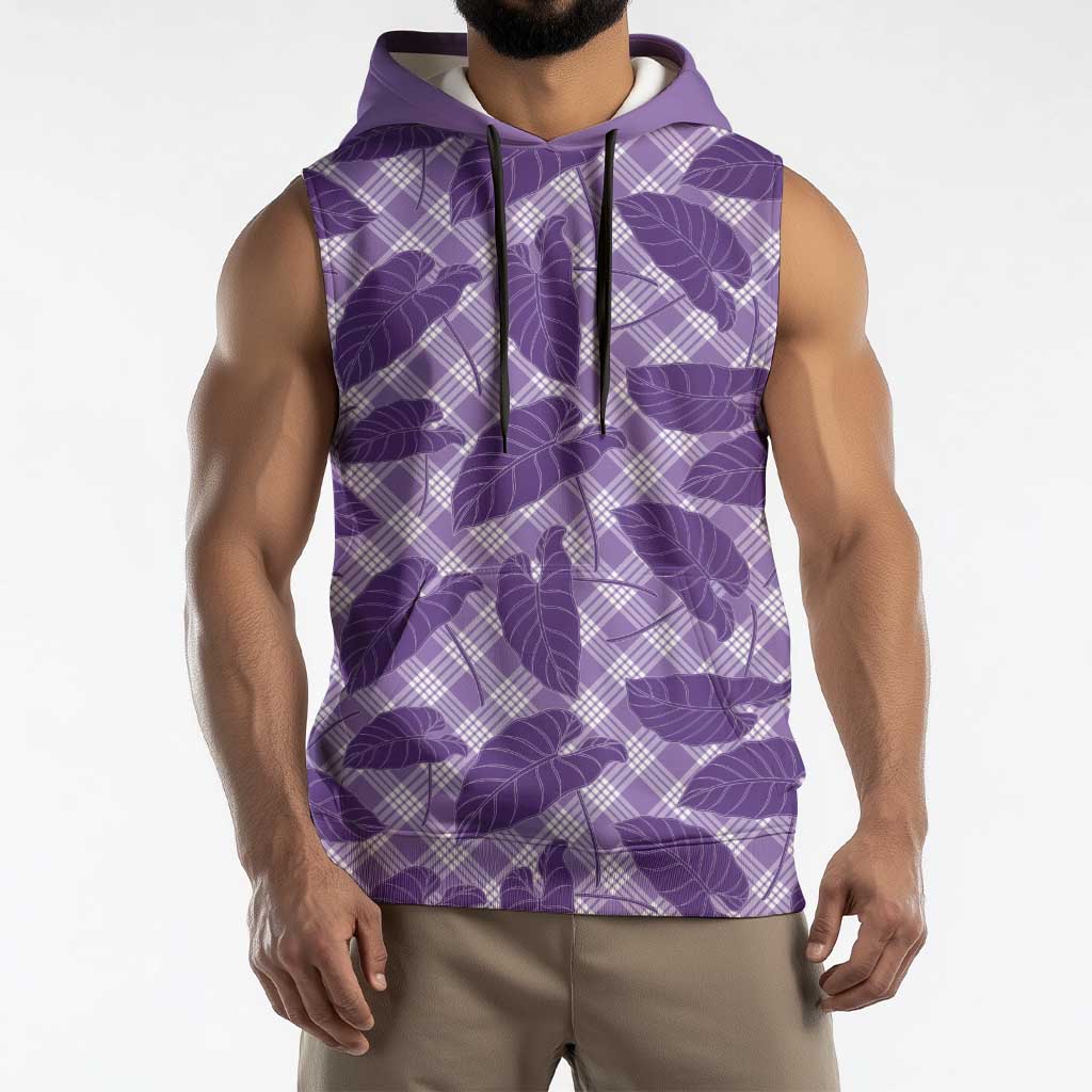 Purple Hawaii Kalo Palaka Motifs Sleeveless Hoodie Hawaiian Taro Leaves Elegant Vibes - Polynesian Pride