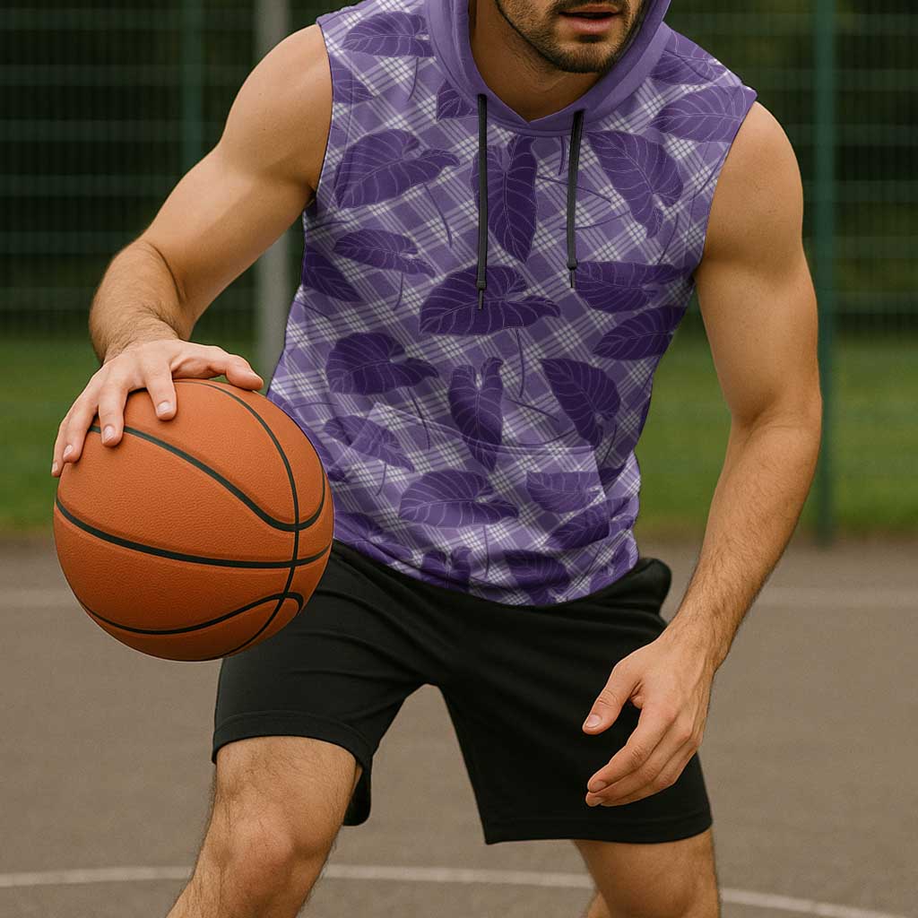 Purple Hawaii Kalo Palaka Motifs Sleeveless Hoodie Hawaiian Taro Leaves Elegant Vibes - Polynesian Pride
