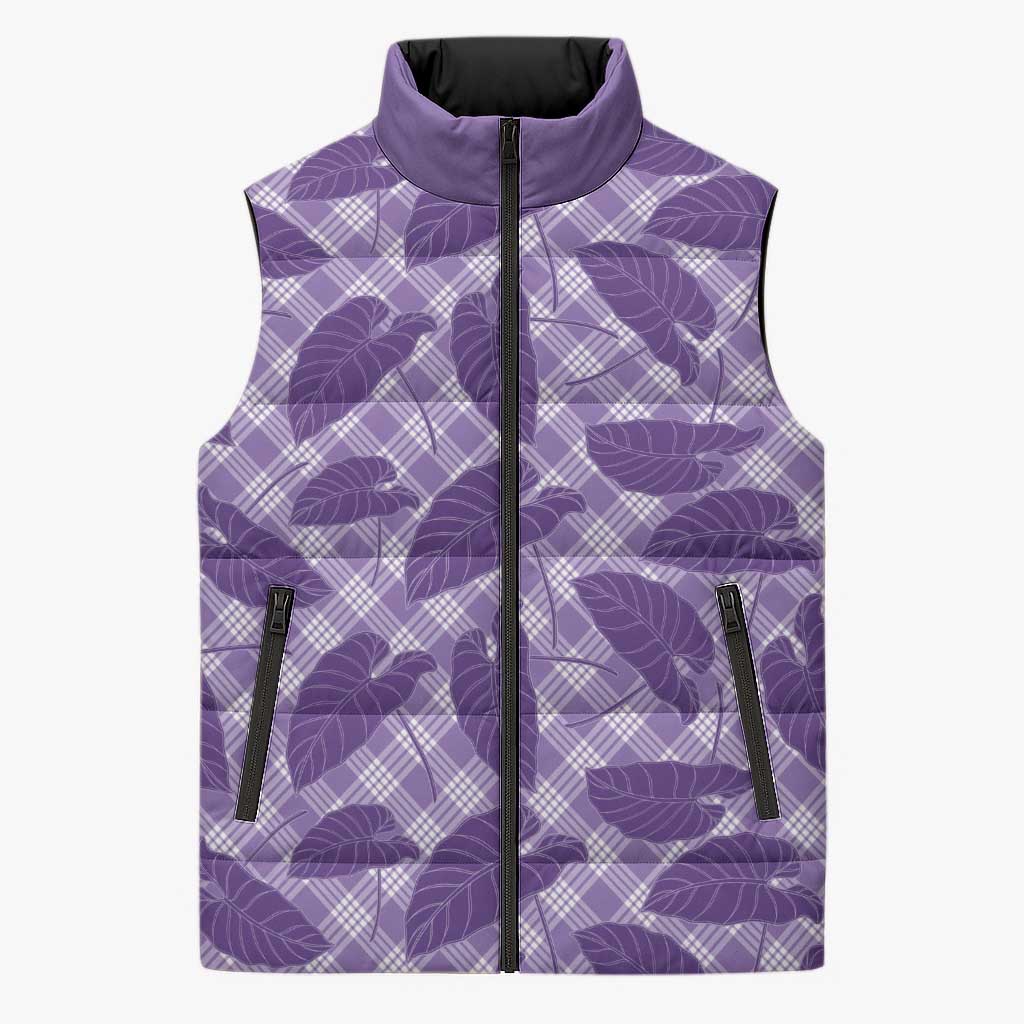 Purple Hawaii Kalo Palaka Motifs Sleeveless Puffer Jacket Hawaiian Taro Leaves Elegant Vibes - Polynesian Pride