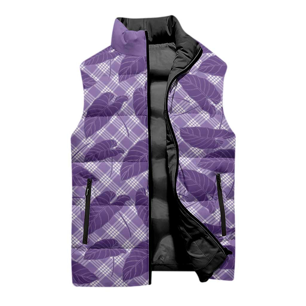 Purple Hawaii Kalo Palaka Motifs Sleeveless Puffer Jacket Hawaiian Taro Leaves Elegant Vibes - Polynesian Pride