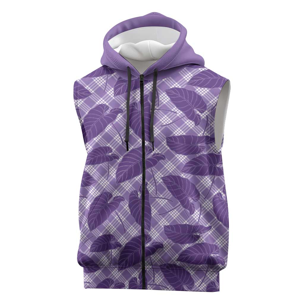 Purple Hawaii Kalo Palaka Motifs Sleeveless Zip Hoodie Hawaiian Taro Leaves Elegant Vibes - Polynesian Pride