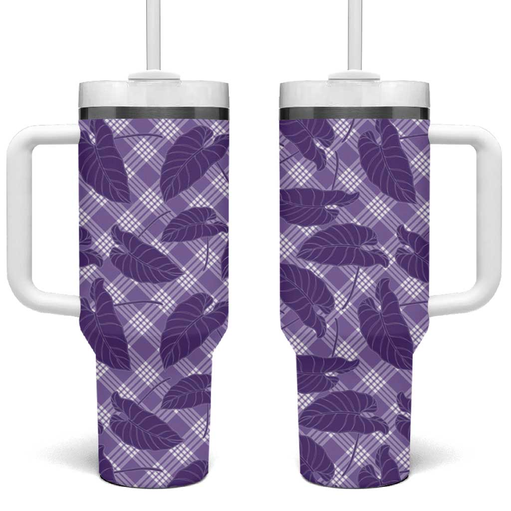 Purple Hawaii Kalo Palaka Motifs Tumbler With Handle Hawaiian Taro Leaves Elegant Vibes - Polynesian Pride