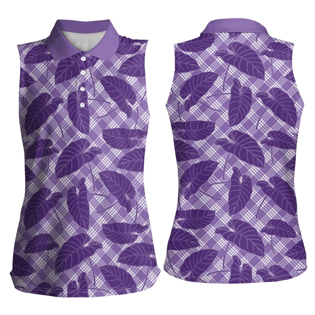 Purple Hawaii Kalo Palaka Motifs Women Sleeveless Polo Shirt Hawaiian Taro Leaves Elegant Vibes - Polynesian Pride