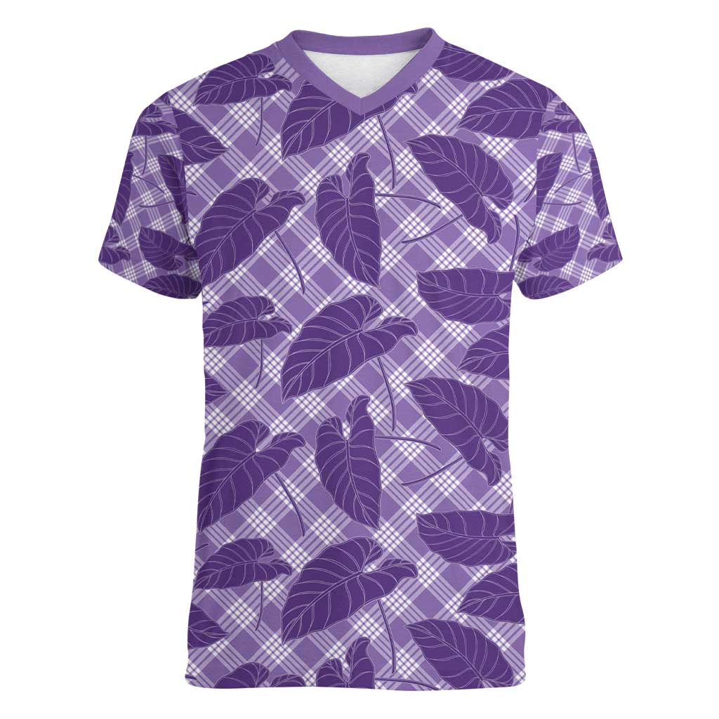 Purple Hawaii Kalo Palaka Motifs Women V-Neck T-Shirt Hawaiian Taro Leaves Elegant Vibes - Polynesian Pride