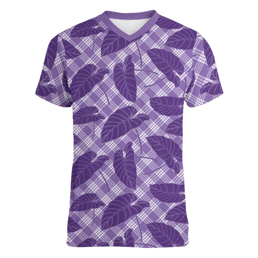 Purple Hawaii Kalo Palaka Motifs Women V-Neck T-Shirt Hawaiian Taro Leaves Elegant Vibes - Polynesian Pride