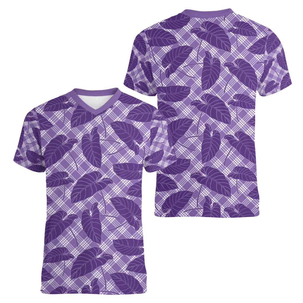 Purple Hawaii Kalo Palaka Motifs Women V-Neck T-Shirt Hawaiian Taro Leaves Elegant Vibes - Polynesian Pride