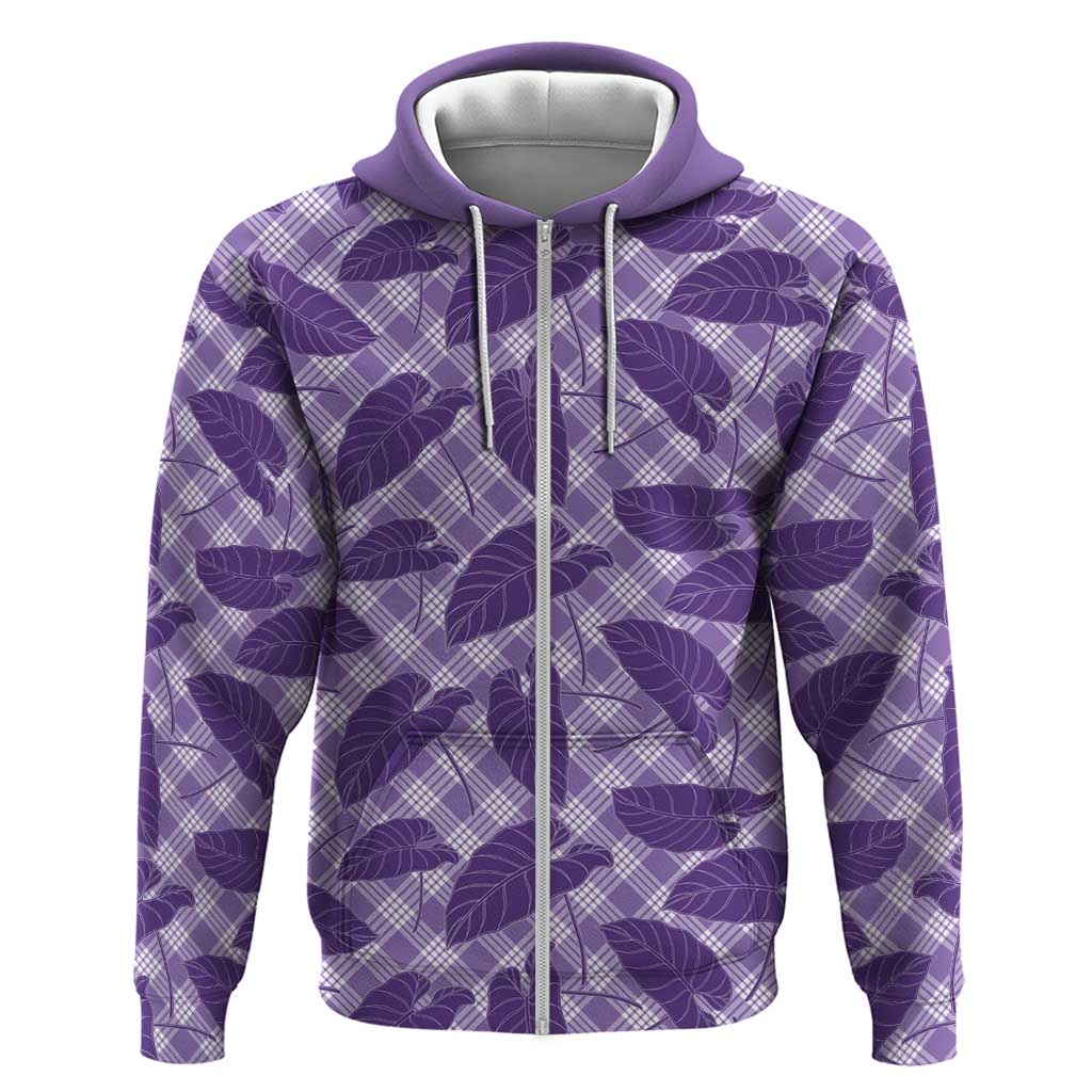 Purple Hawaii Kalo Palaka Motifs Zip Hoodie Hawaiian Taro Leaves Elegant Vibes - Polynesian Pride