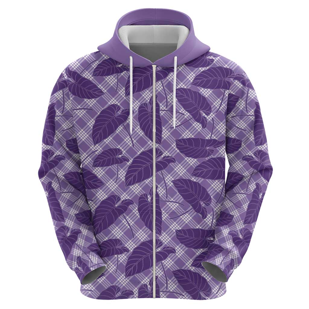 Purple Hawaii Kalo Palaka Motifs Zip Hoodie Hawaiian Taro Leaves Elegant Vibes - Polynesian Pride