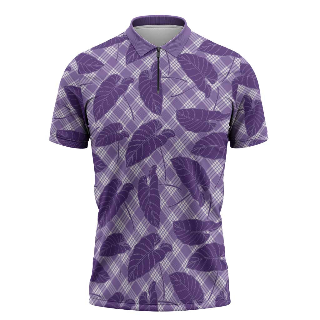 Purple Hawaii Kalo Palaka Motifs Zipper Polo Shirt Hawaiian Taro Leaves Elegant Vibes - Polynesian Pride