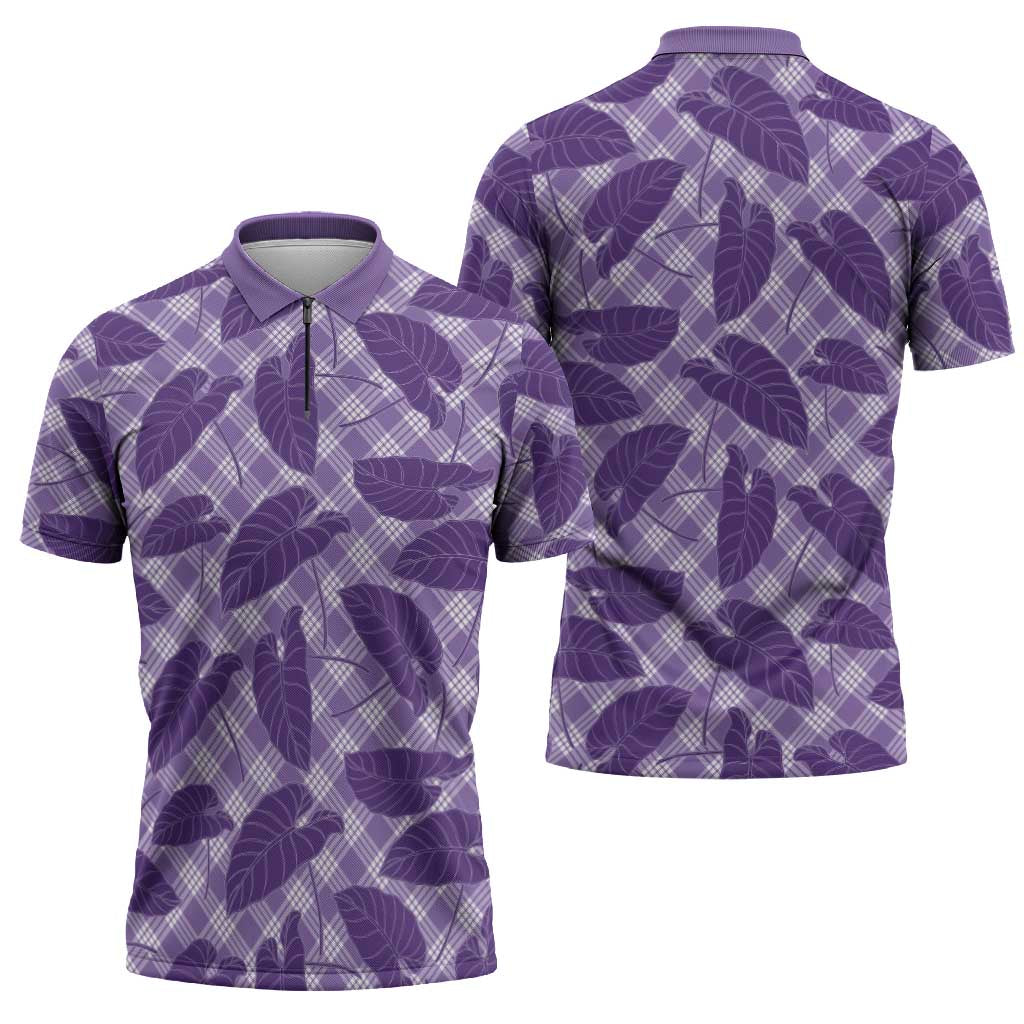 Purple Hawaii Kalo Palaka Motifs Zipper Polo Shirt Hawaiian Taro Leaves Elegant Vibes - Polynesian Pride