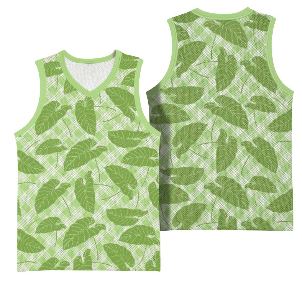 Green Hawaii Kalo Palaka Motifs Basketball Jersey Hawaiian Taro Leaves Elegant Vibes - Polynesian Pride