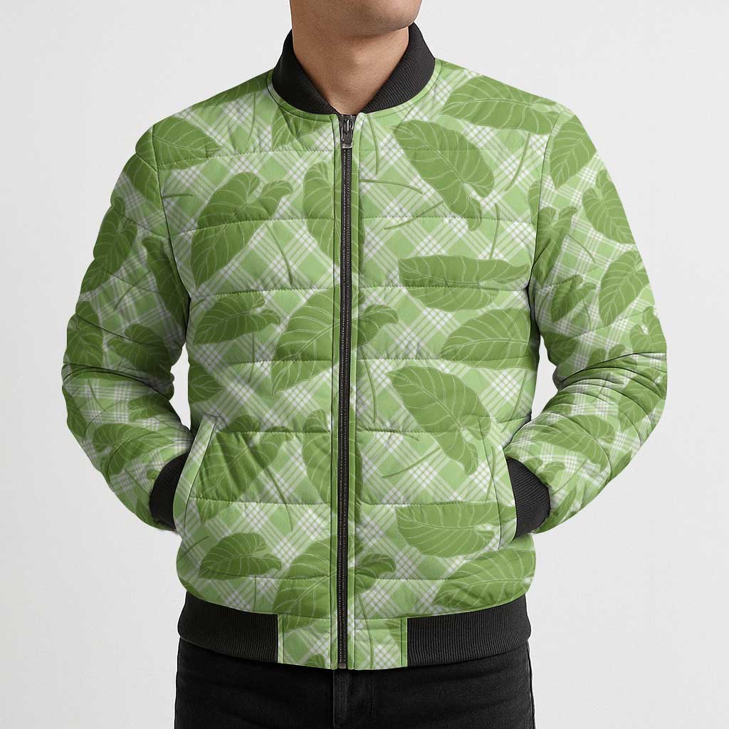 Green Hawaii Kalo Palaka Motifs Bomber Puffer Jacket Hawaiian Taro Leaves Elegant Vibes - Polynesian Pride