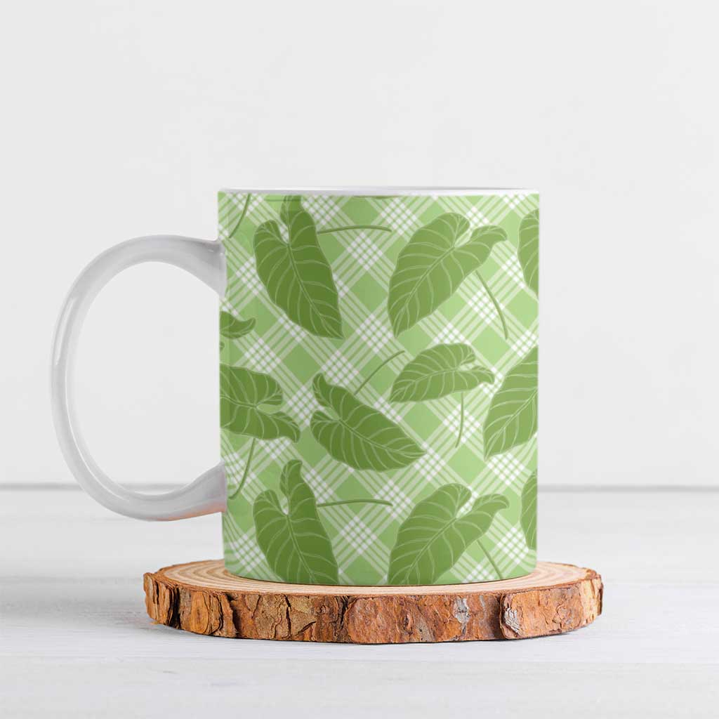 Green Hawaii Kalo Palaka Motifs Ceramic Mug Hawaiian Taro Leaves Elegant Vibes - Polynesian Pride