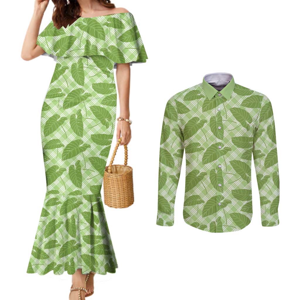 Green Hawaii Kalo Palaka Motifs Couples Matching Mermaid Dress and Long Sleeve Button Shirt Hawaiian Taro Leaves Elegant Vibes - Polynesian Pride