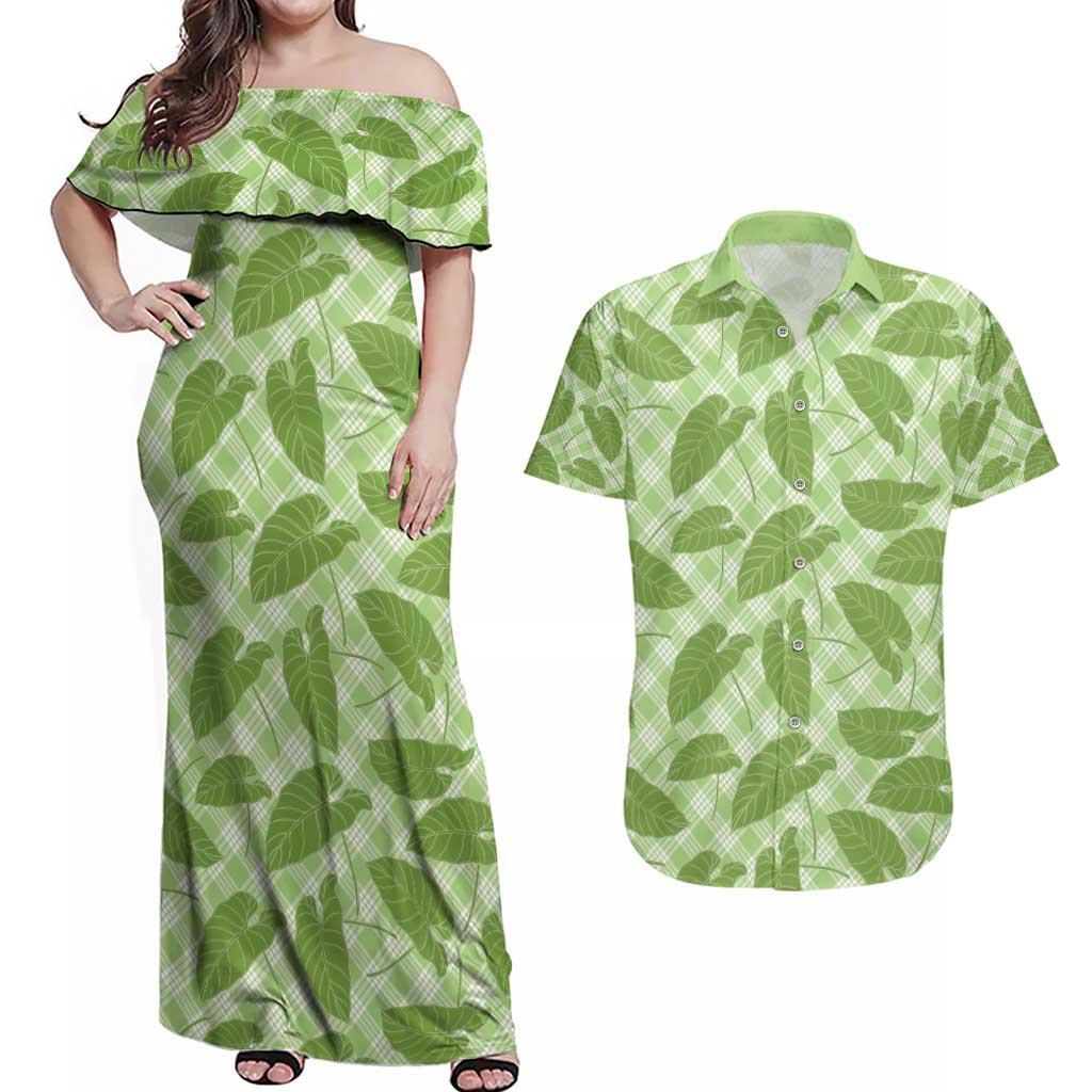 Green Hawaii Kalo Palaka Motifs Couples Matching Off Shoulder Maxi Dress and Hawaiian Shirt Hawaiian Taro Leaves Elegant Vibes - Polynesian Pride