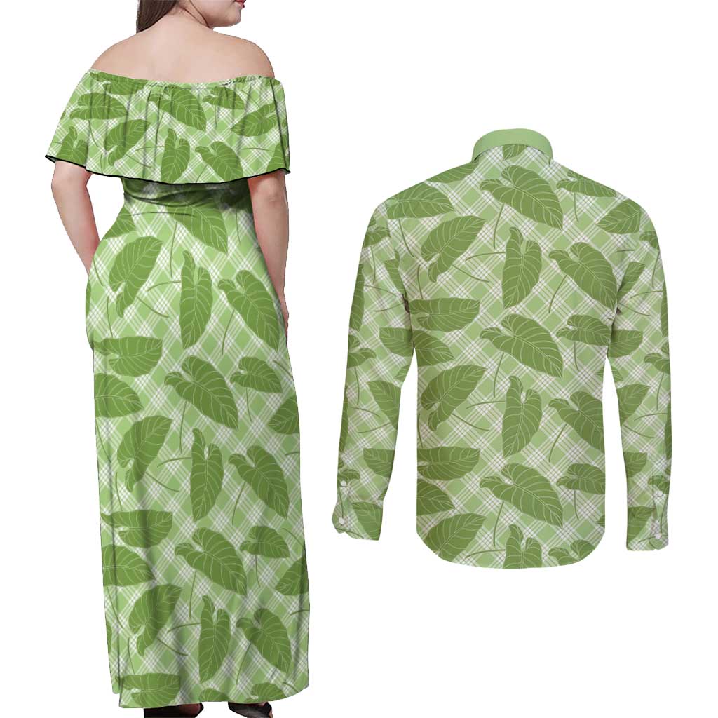 Green Hawaii Kalo Palaka Motifs Couples Matching Off Shoulder Maxi Dress and Long Sleeve Button Shirt Hawaiian Taro Leaves Elegant Vibes - Polynesian Pride