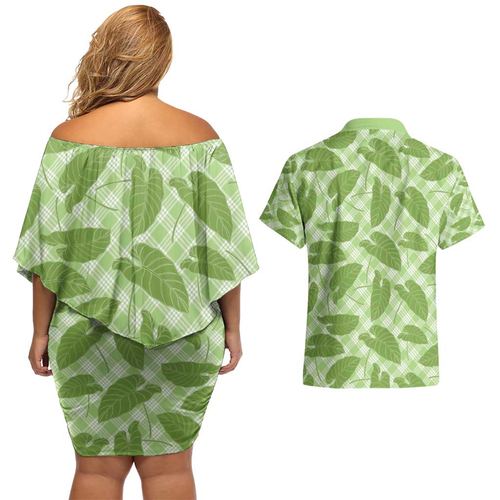 Green Hawaii Kalo Palaka Motifs Couples Matching Off Shoulder Short Dress and Hawaiian Shirt Hawaiian Taro Leaves Elegant Vibes - Polynesian Pride