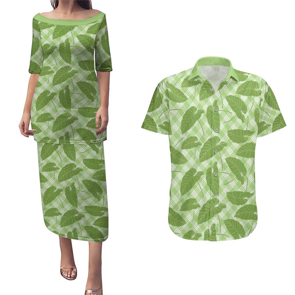 Green Hawaii Kalo Palaka Motifs Couples Matching Puletasi and Hawaiian Shirt Hawaiian Taro Leaves Elegant Vibes - Polynesian Pride
