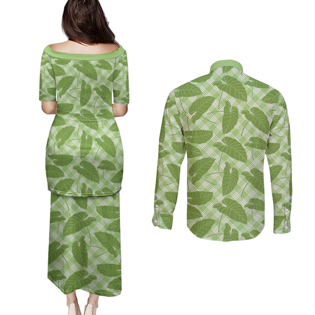 Green Hawaii Kalo Palaka Motifs Couples Matching Puletasi and Long Sleeve Button Shirt Hawaiian Taro Leaves Elegant Vibes - Polynesian Pride