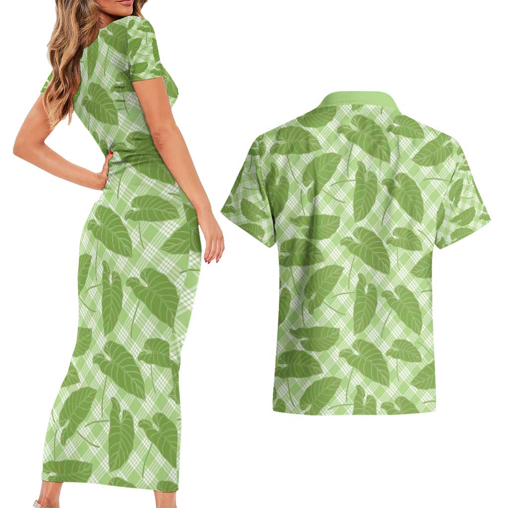Green Hawaii Kalo Palaka Motifs Couples Matching Short Sleeve Bodycon Dress and Hawaiian Shirt Hawaiian Taro Leaves Elegant Vibes - Polynesian Pride