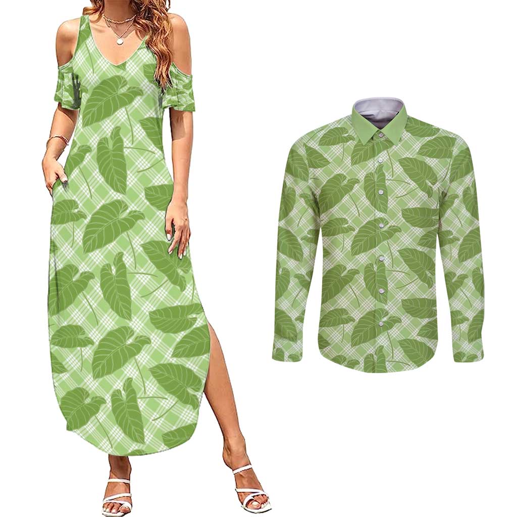 Green Hawaii Kalo Palaka Motifs Couples Matching Summer Maxi Dress and Long Sleeve Button Shirt Hawaiian Taro Leaves Elegant Vibes - Polynesian Pride