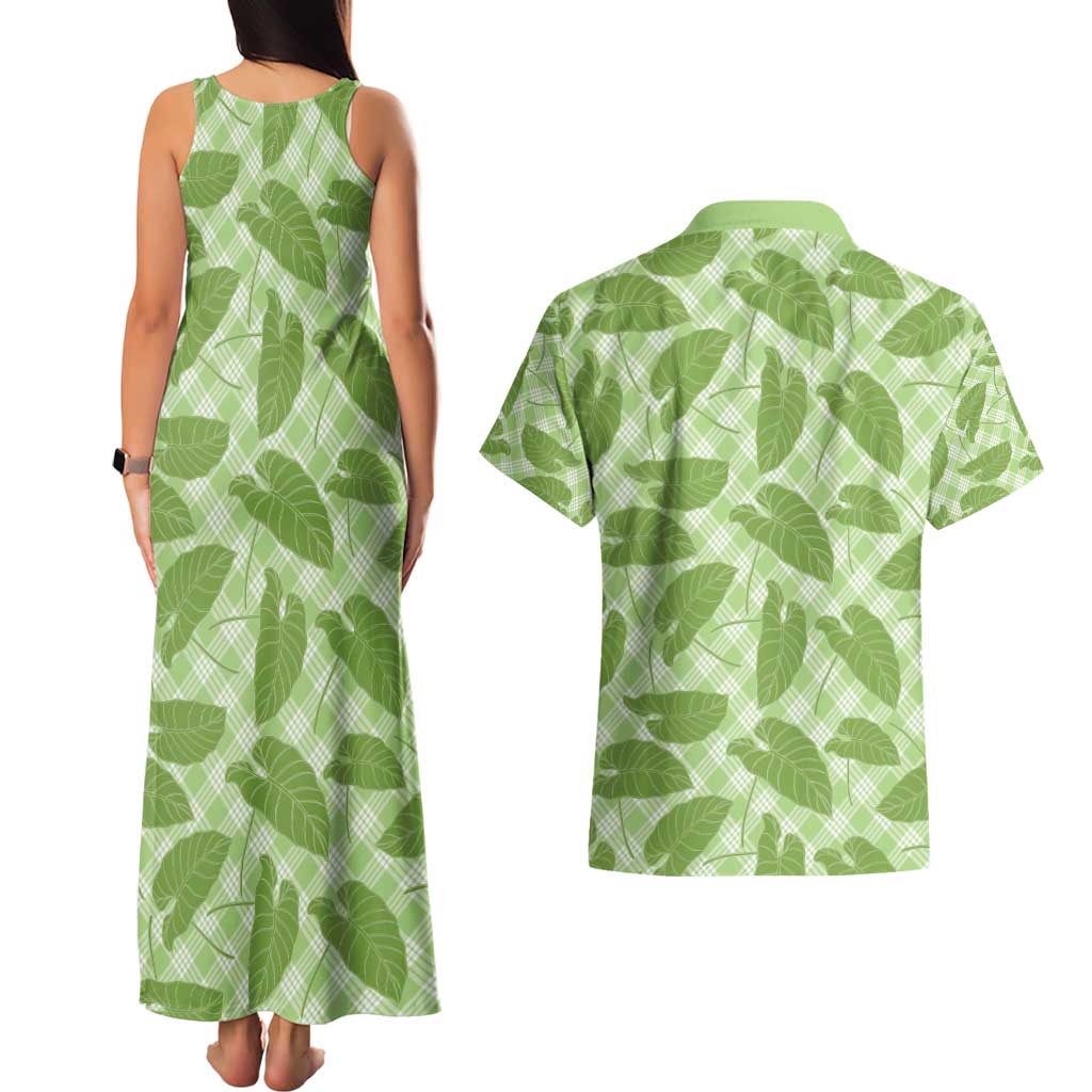Green Hawaii Kalo Palaka Motifs Couples Matching Tank Maxi Dress and Hawaiian Shirt Hawaiian Taro Leaves Elegant Vibes - Polynesian Pride