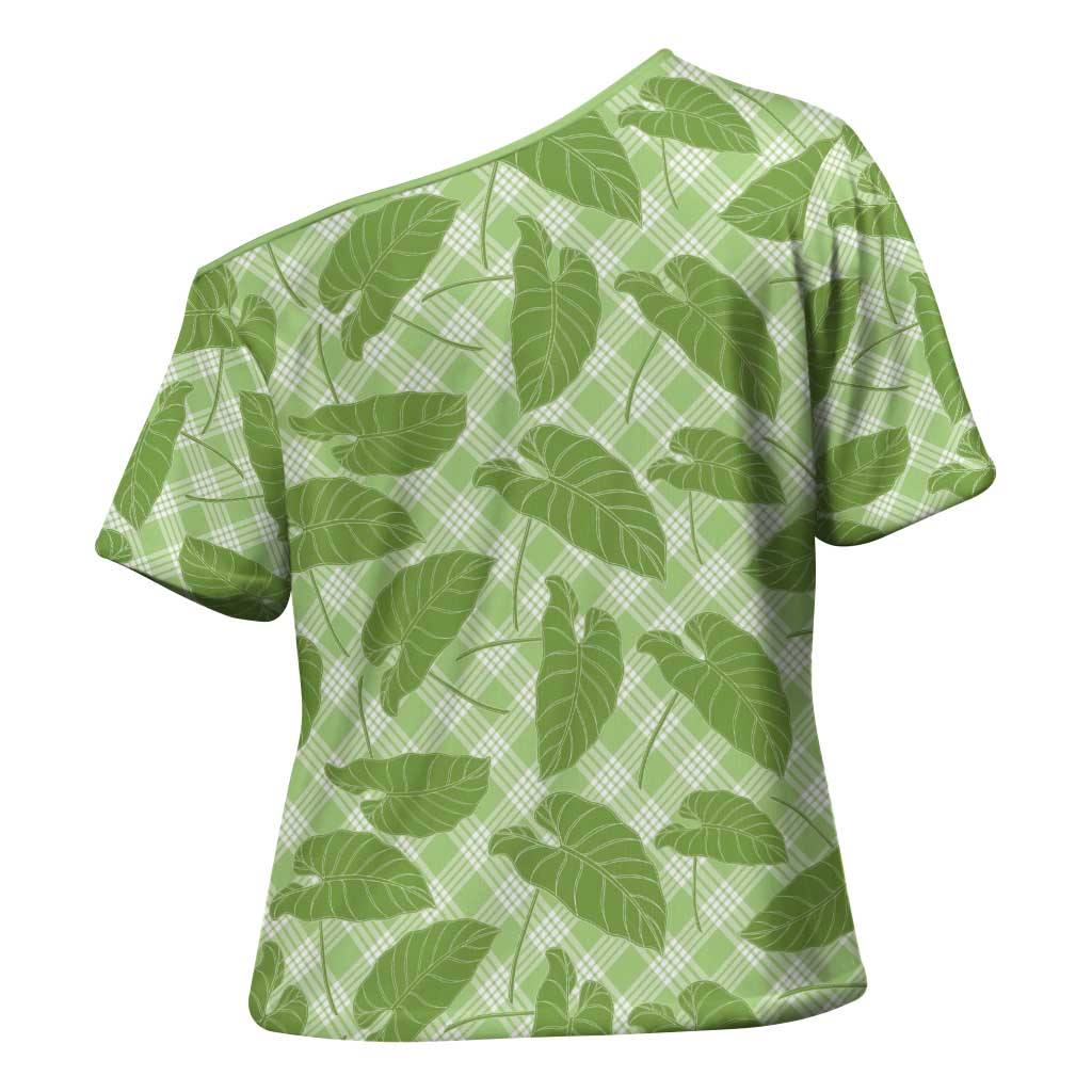 Green Hawaii Kalo Palaka Motifs Cross Shoulder Shirt Hawaiian Taro Leaves Elegant Vibes - Polynesian Pride