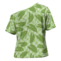 Green Hawaii Kalo Palaka Motifs Cross Shoulder Shirt Hawaiian Taro Leaves Elegant Vibes - Polynesian Pride