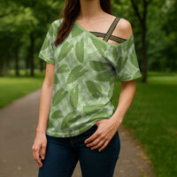 Green Hawaii Kalo Palaka Motifs Cross Shoulder Shirt Hawaiian Taro Leaves Elegant Vibes - Polynesian Pride