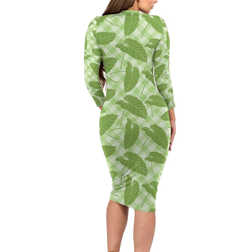 Green Hawaii Kalo Palaka Motifs Family Matching Long Sleeve Bodycon Dress and Hawaiian Shirt Hawaiian Taro Leaves Elegant Vibes - Polynesian Pride