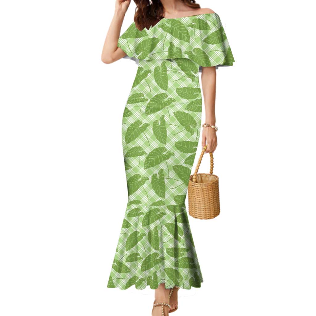 Green Hawaii Kalo Palaka Motifs Family Matching Mermaid Dress and Hawaiian Shirt Hawaiian Taro Leaves Elegant Vibes - Polynesian Pride