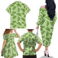 Green Hawaii Kalo Palaka Motifs Family Matching Off The Shoulder Long Sleeve Dress and Hawaiian Shirt Hawaiian Taro Leaves Elegant Vibes - Polynesian Pride